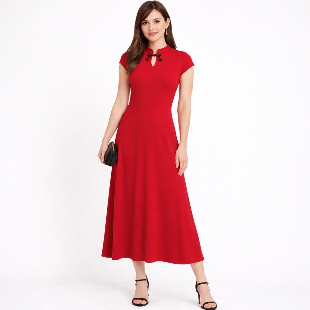 S.L. Fashions Red Maxi Collar Dress Y2K Cap Sleeve Qipao Inspired Retro Size 6